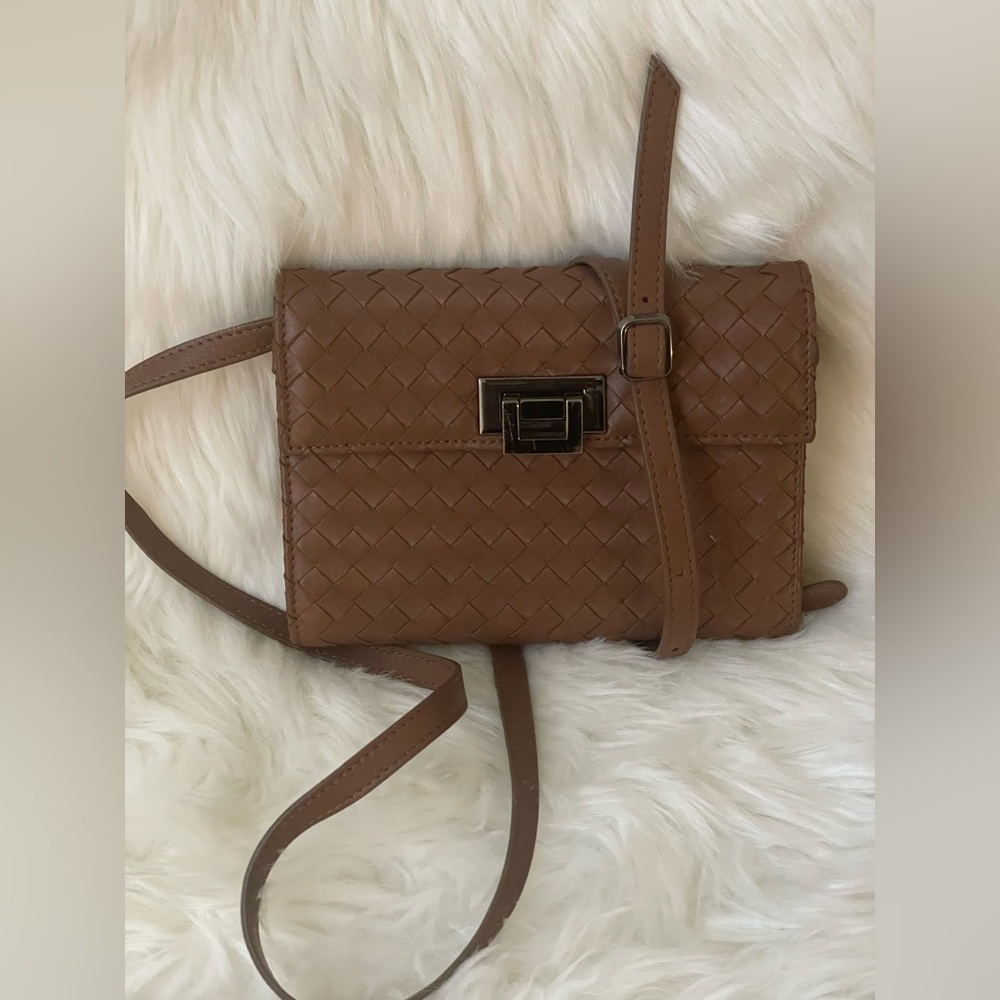 FONTANELLI Brown Woven Leather Organizer Crossbody Bag - Made In Italy